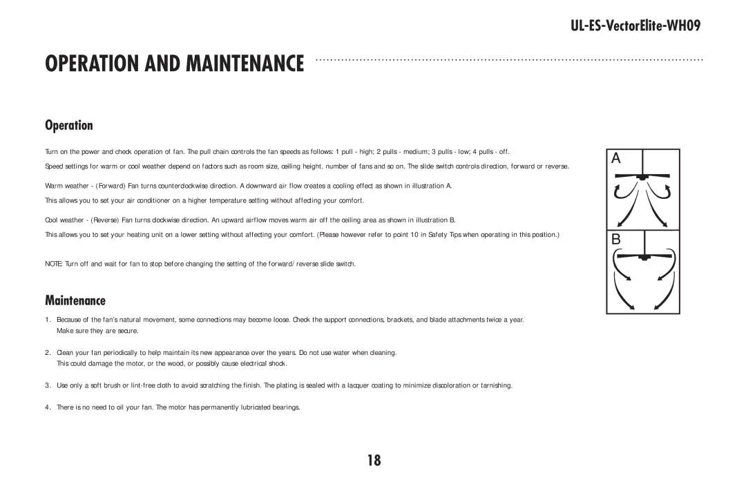 Westinghouse UL-ES-VectorElite-WH09 owner manual Operation And Maintenance 